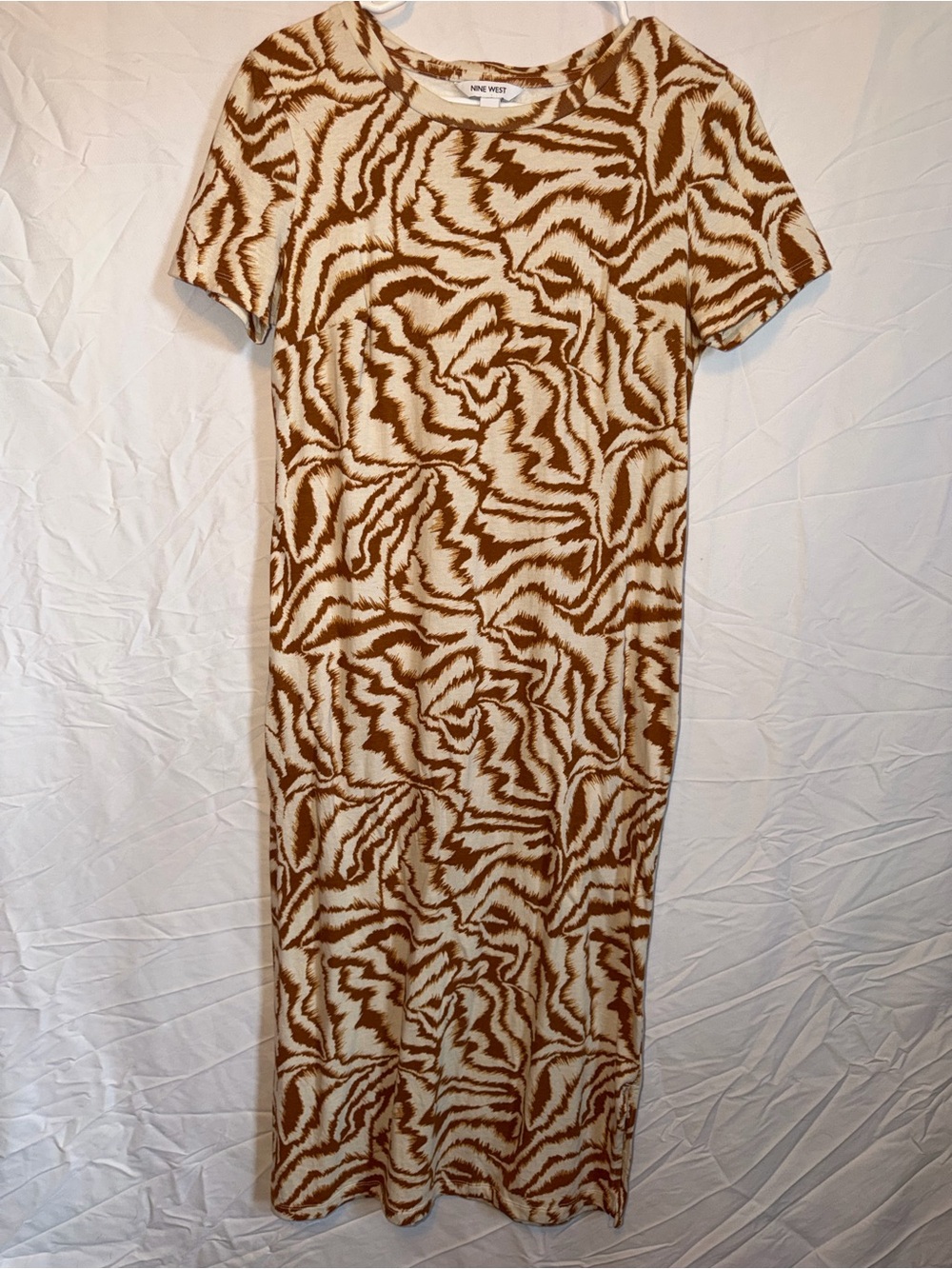 Nine West Cream and Brown Abstract-Print Short Sleeve Midi Dress